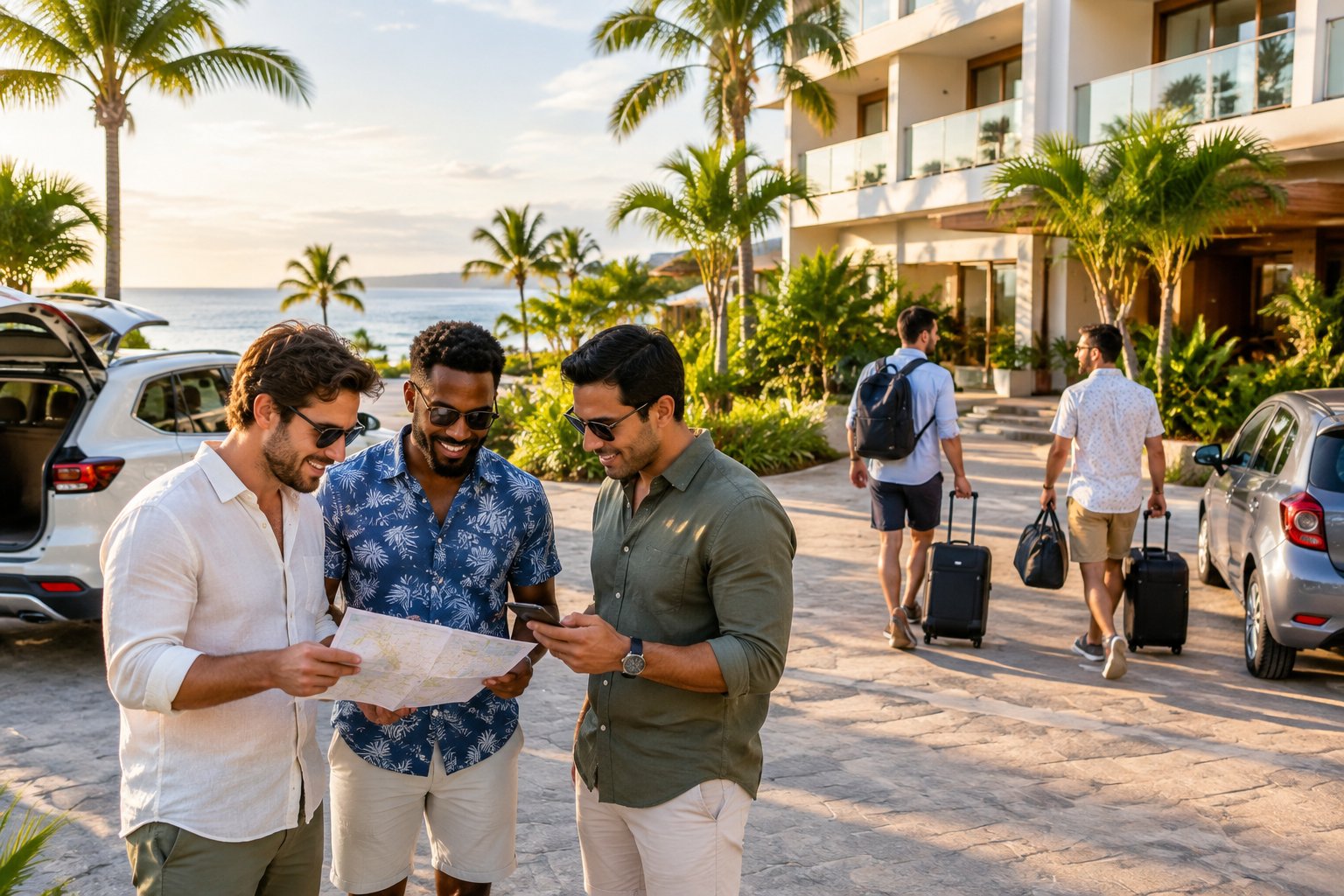 A group of friends outside a coastal hotel with rental vehicles and travel bags.
