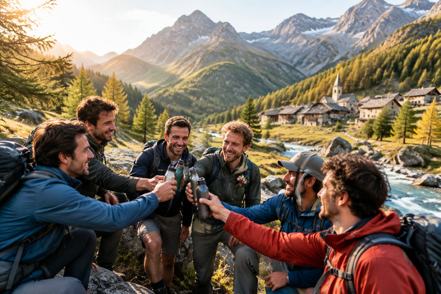 A group of friends celebrating together in a scenic alpine valley in the Queyras mountains.