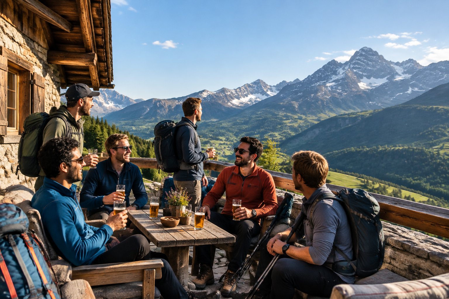 A group of friends relaxing together outside an alpine chalet with the Queyras mountains in the background.