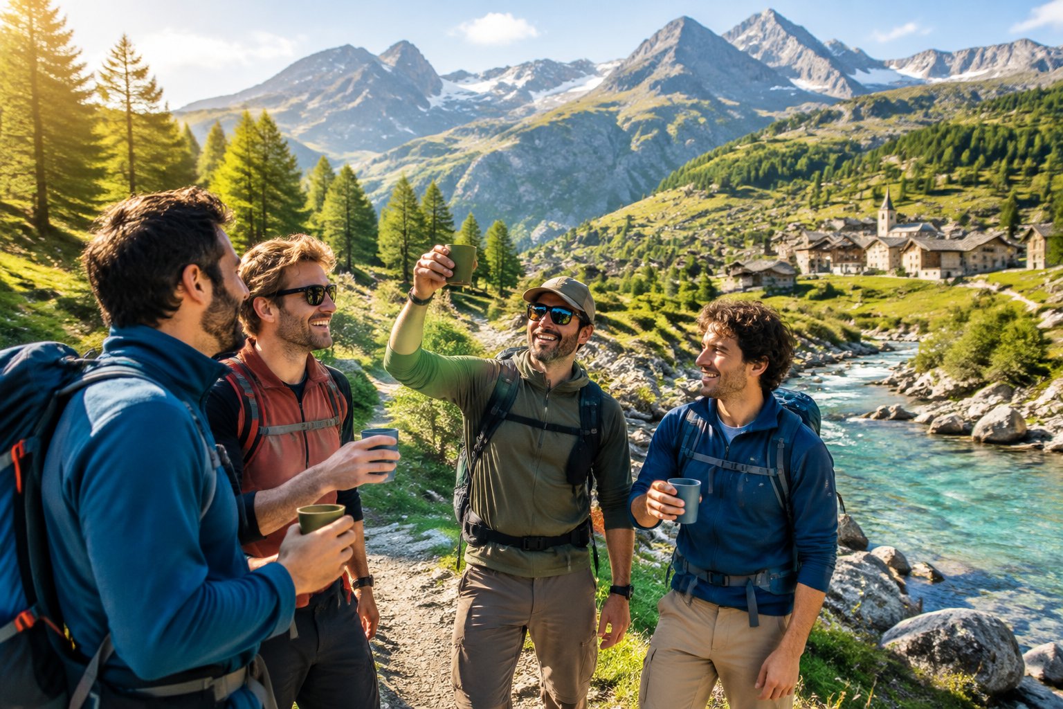 A group of friends hiking and celebrating beside a river in the Queyras mountains.