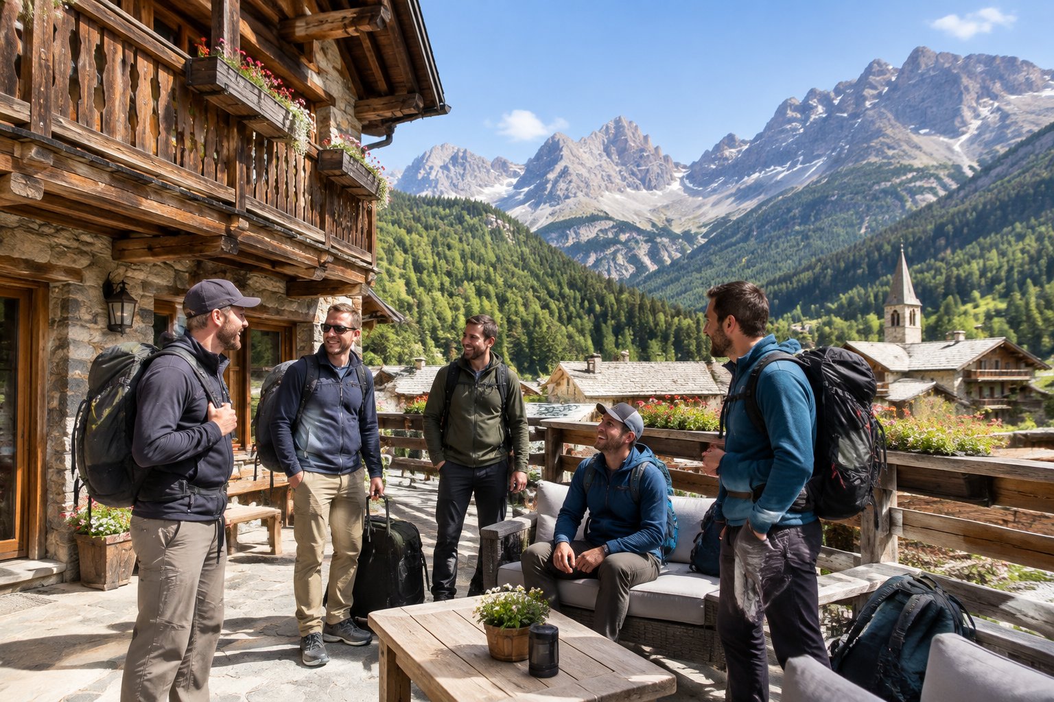 A group of friends gathers outside a mountain chalet in the Queyras Alps.