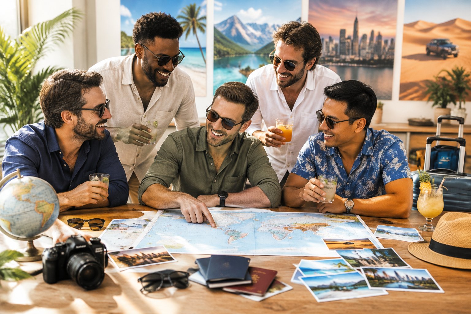 A group of friends gathers around travel items while planning an adventurous celebration trip.