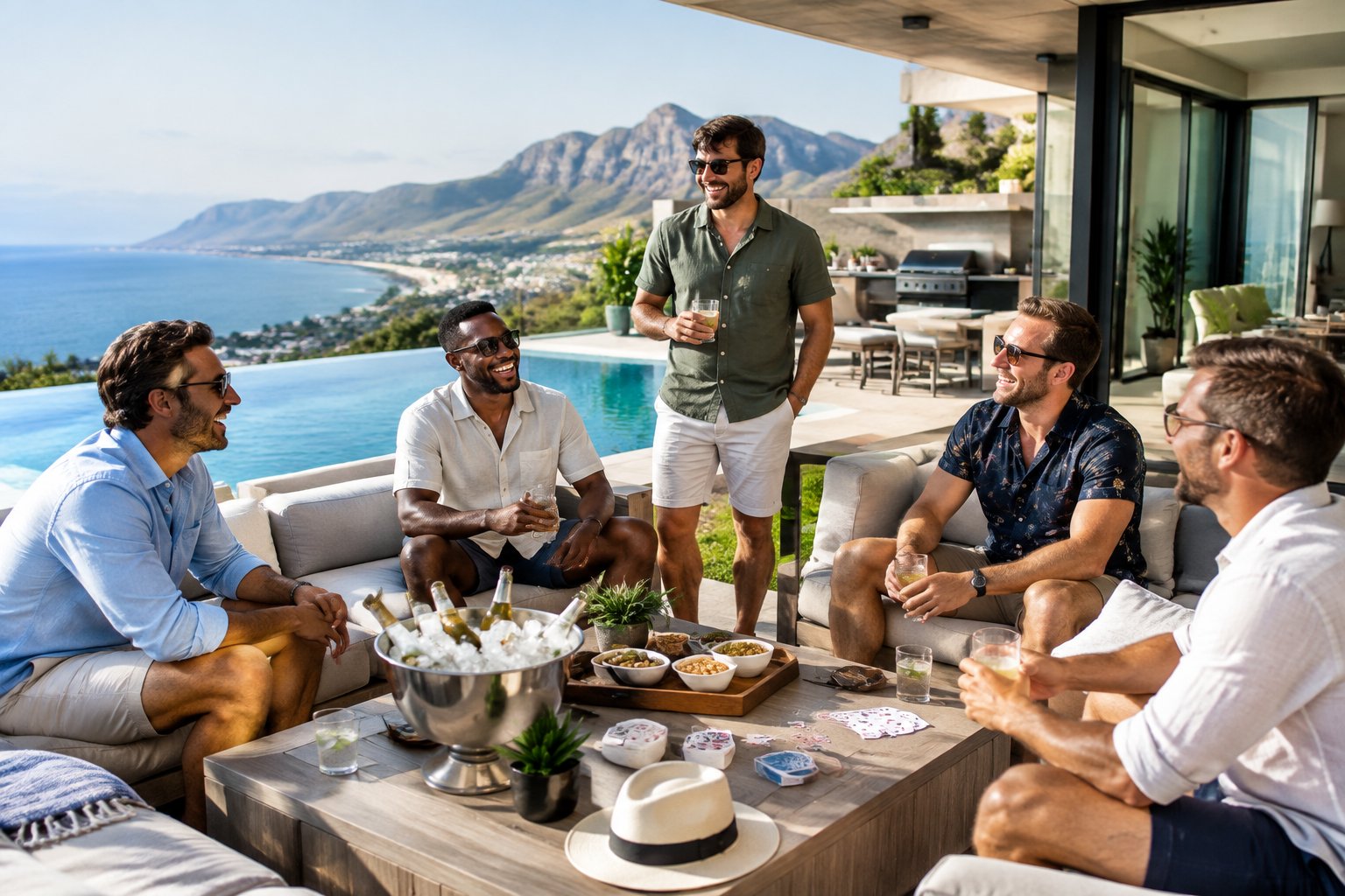 A group of friends celebrating at a luxurious vacation home beside a swimming pool.