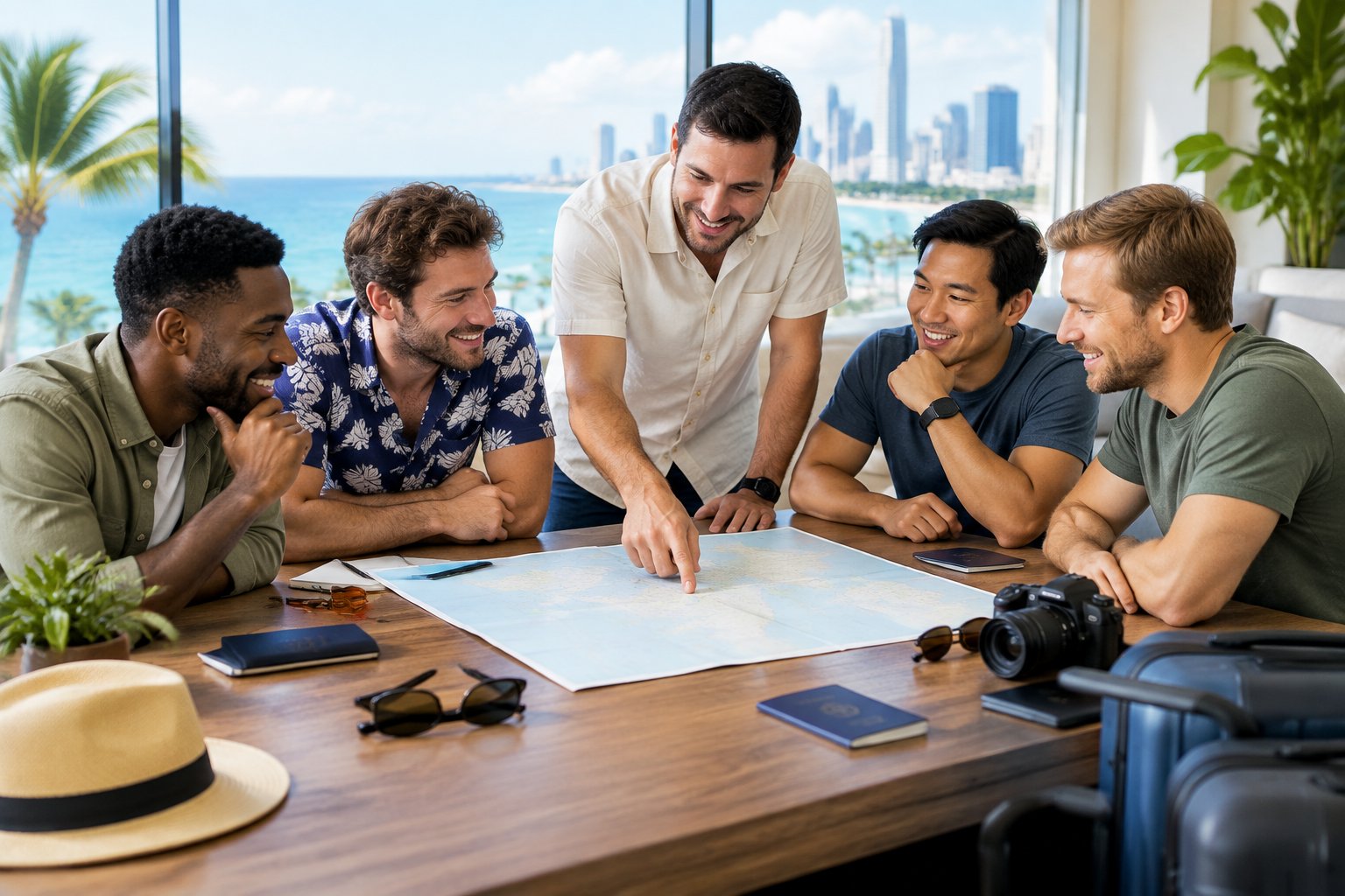 A group of friends gathers around a table to plan a bachelor party trip.