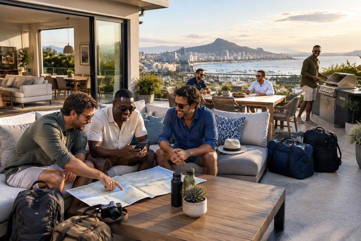 A group of friends compares travel options while relaxing at a spacious vacation rental overlooking a scenic destination.
