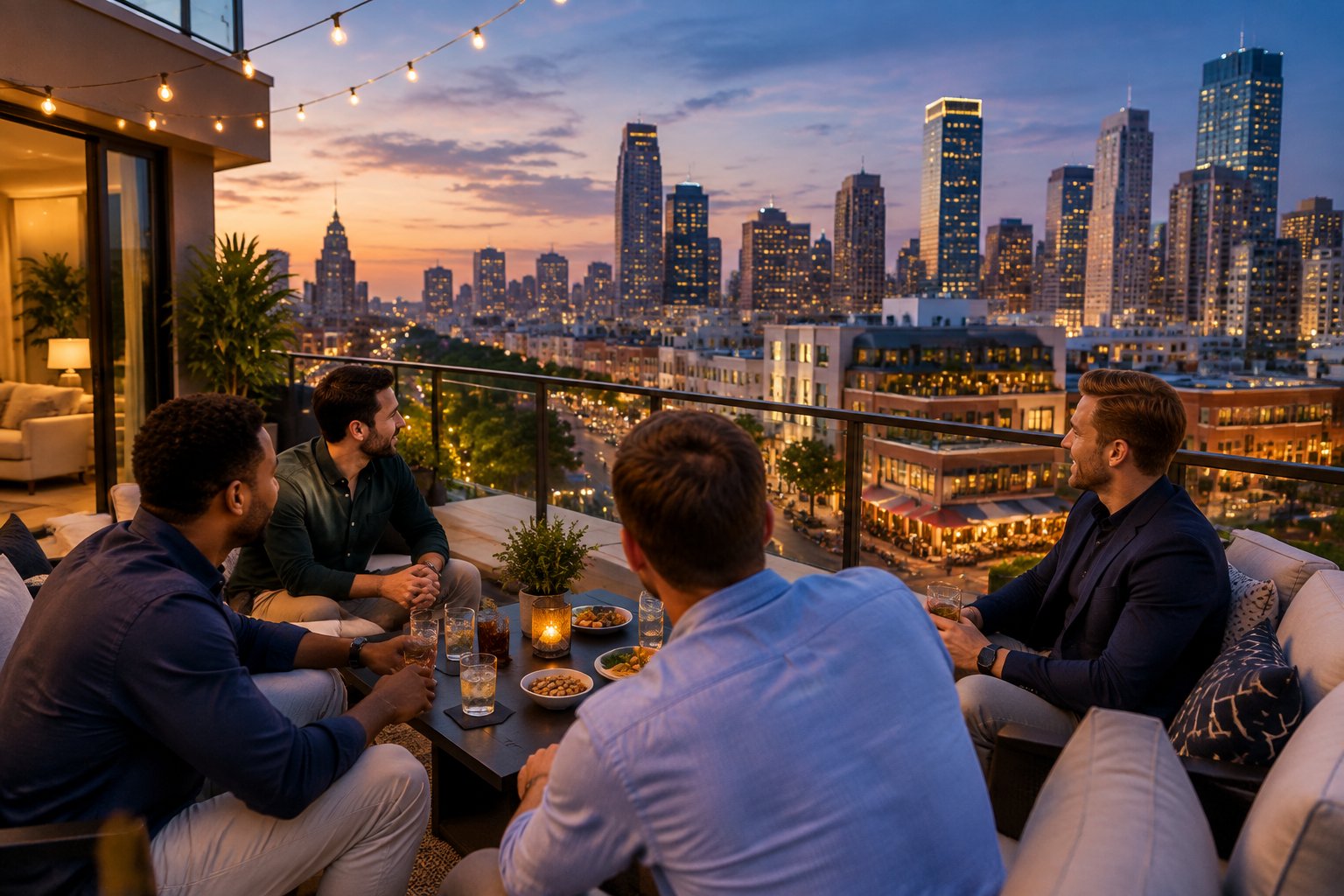 Friends relax on a stylish apartment rooftop overlooking a lively illuminated city at dusk.
