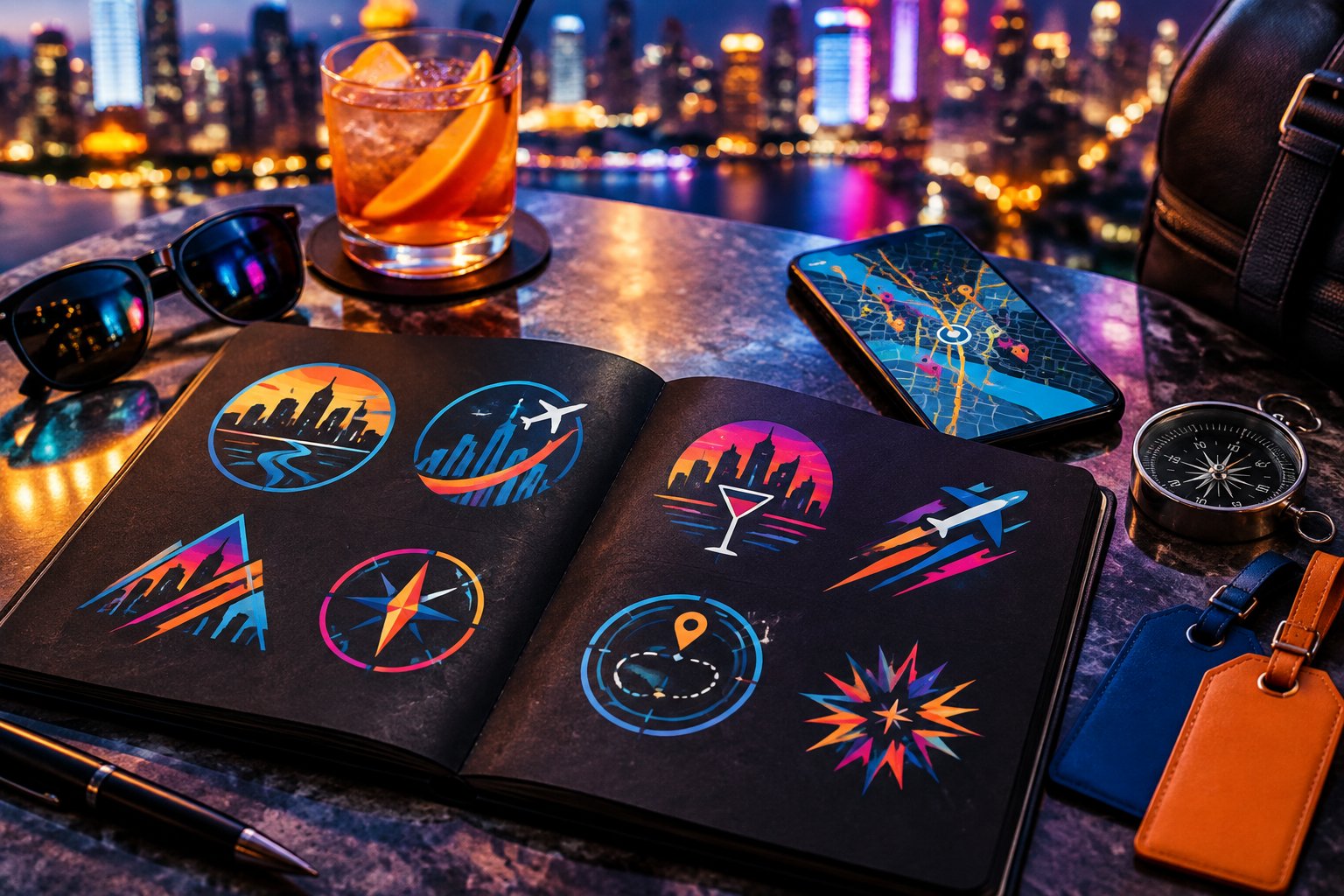 Abstract badge designs and travel items arranged on a table with a glowing city skyline in the background.