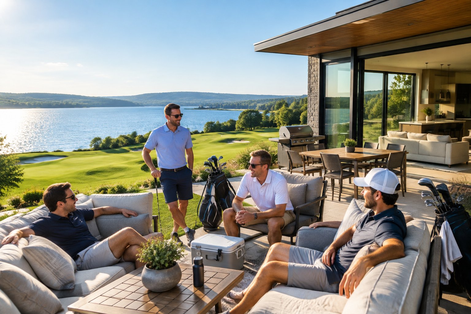 Friends relax outside a vacation rental overlooking a golf course and sunny blue water.