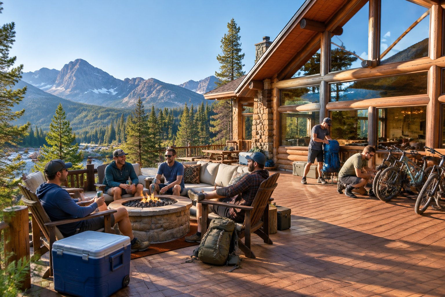 A group of friends relaxes outside a modern mountain cabin surrounded by pine forest and rugged peaks.
