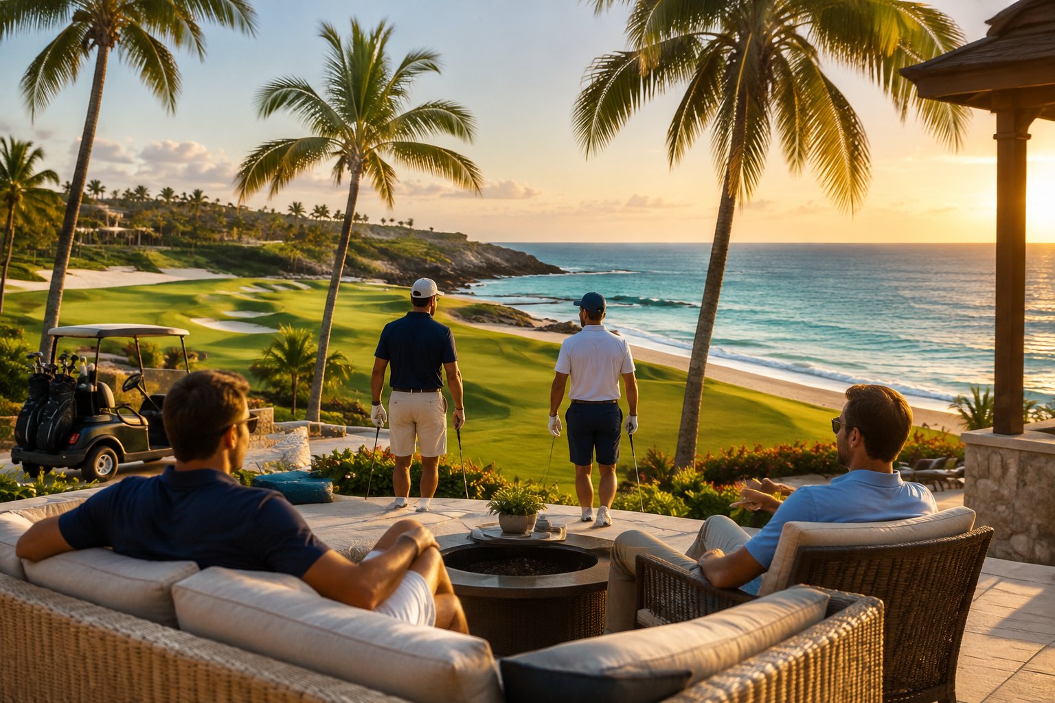 A group of men relaxes at a tropical resort beside a beach and manicured golf course.