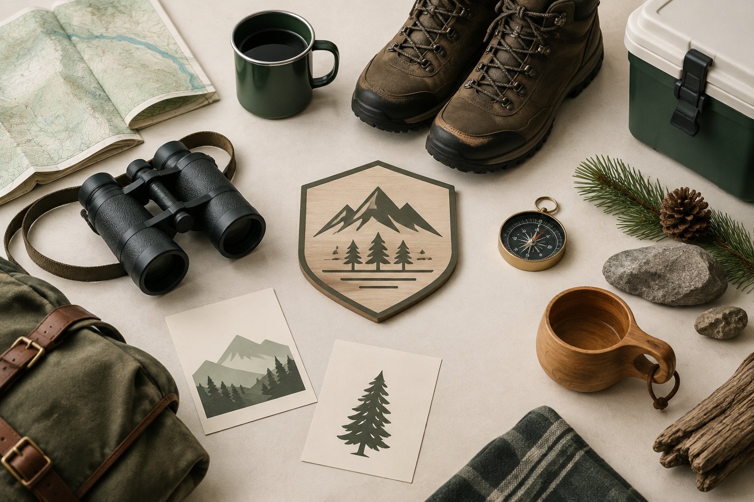 Outdoor getaway items arranged around a blank emblem card on a neutral surface.