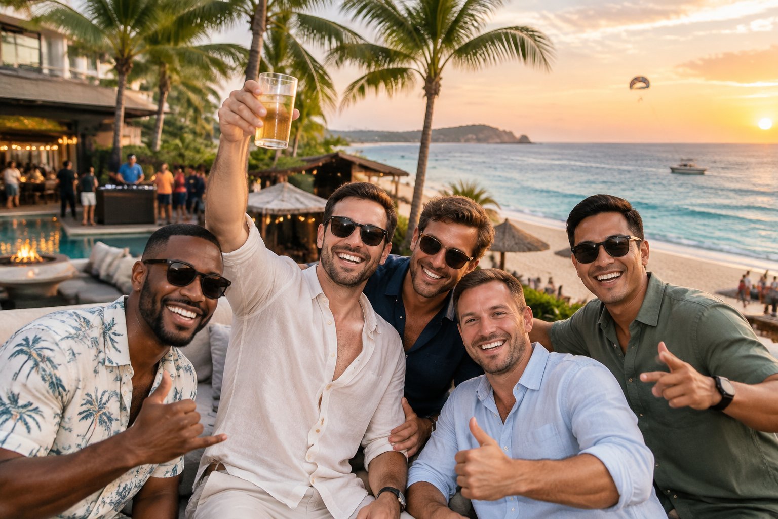 A group of friends celebrating at a tropical beachfront resort.