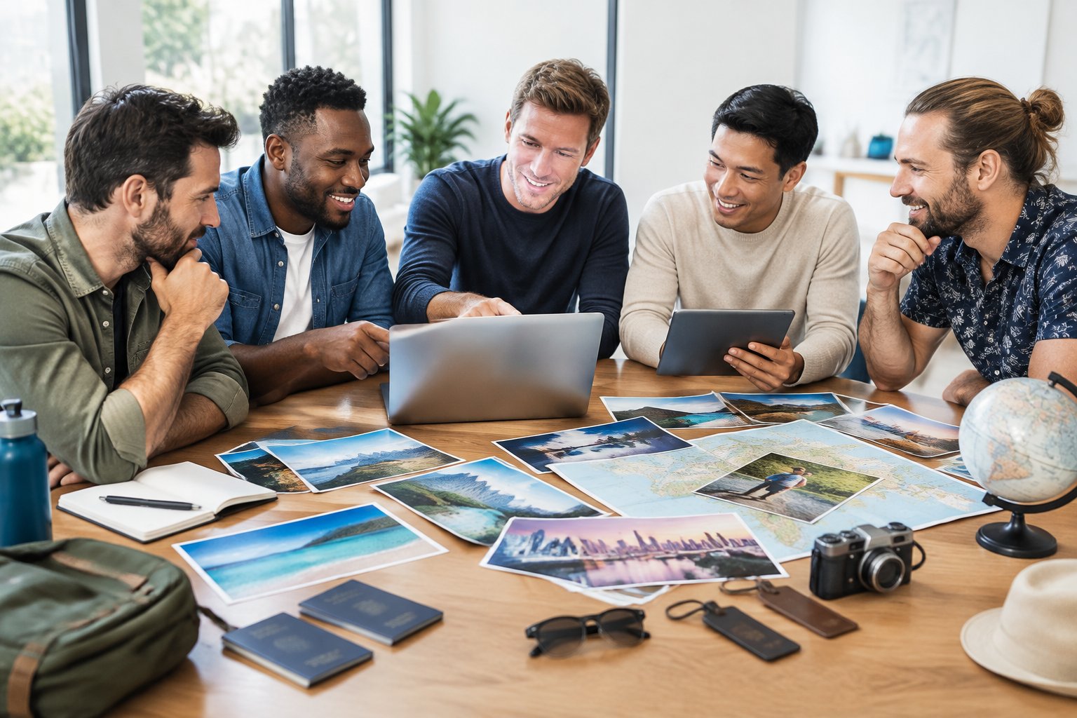 Friends compare travel options and plan a bachelor party trip around a table.
