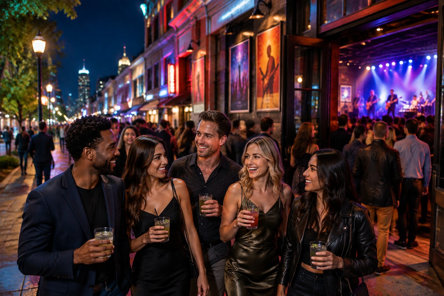 A group of friends enjoying nightlife outside a lively city music venue.