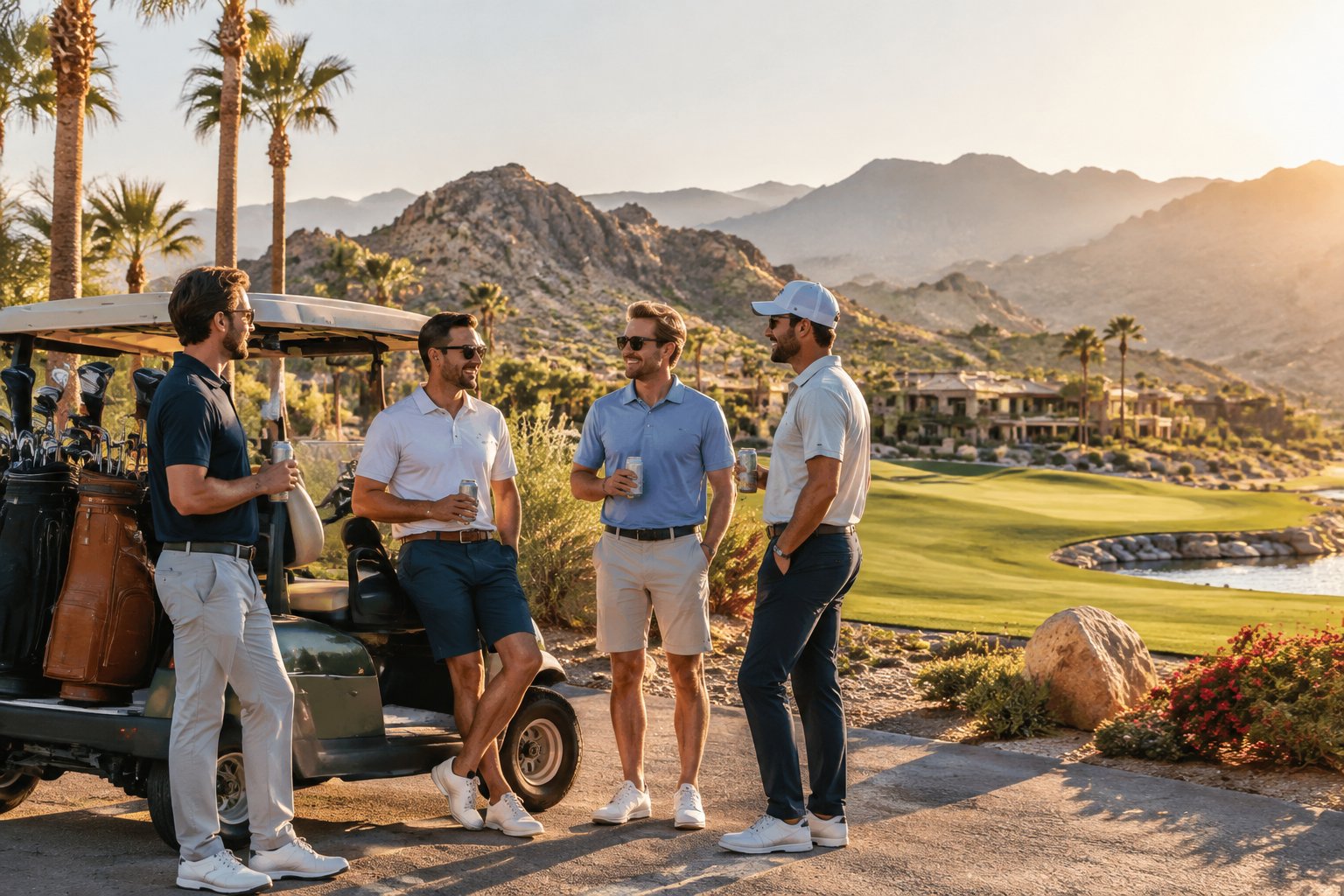 Friends relax beside a golf cart at a luxury desert golf resort surrounded by mountains and palm trees.