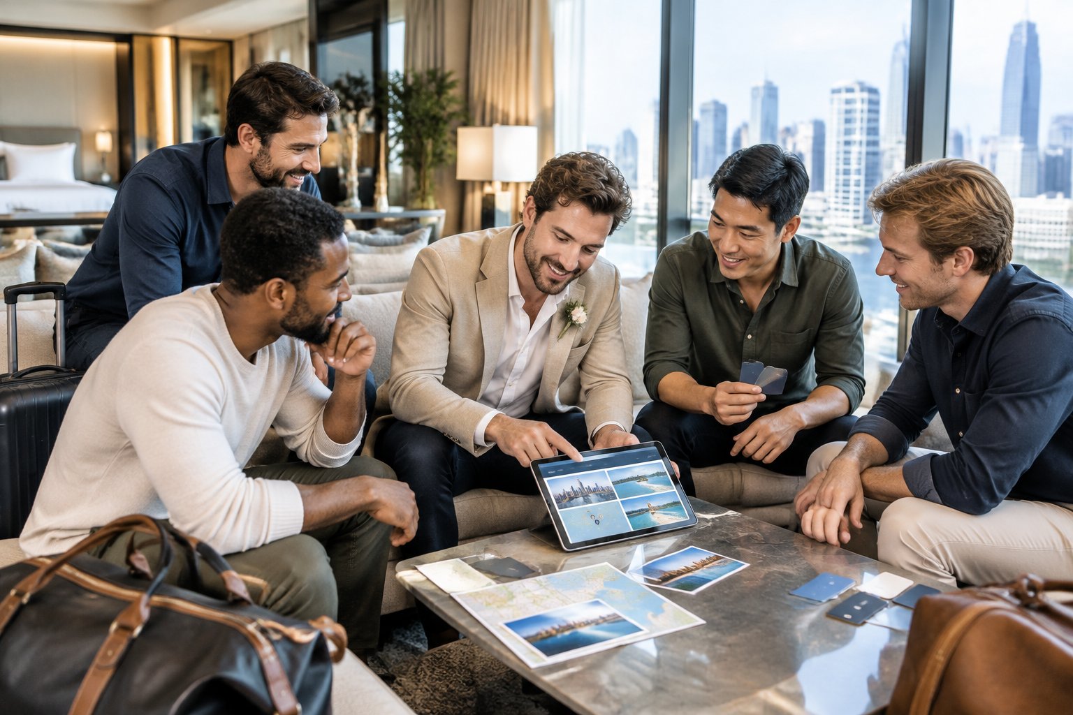 A group of friends discusses hotel options for a bachelor party in a modern hotel suite overlooking a city.