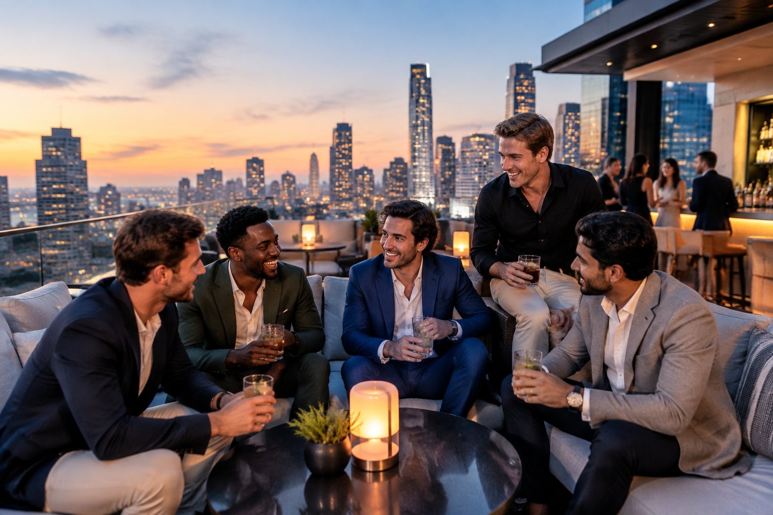 A group of friends enjoying an upscale hotel rooftop lounge overlooking a glowing city skyline.