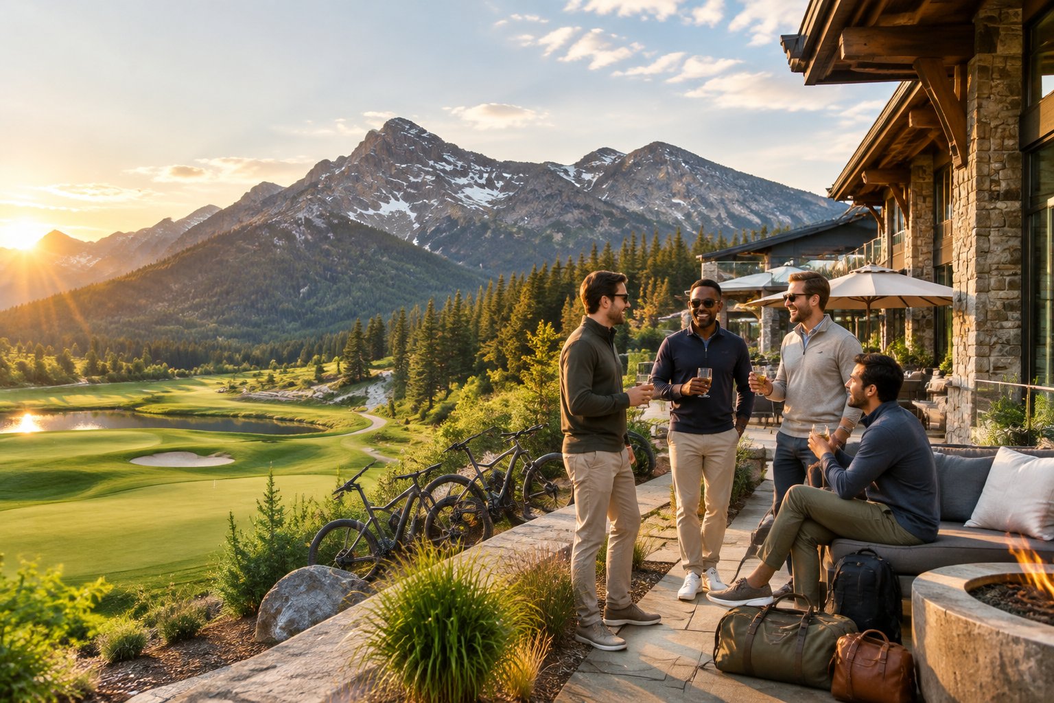 A group of friends gathers outside a mountain resort overlooking a golf course and alpine landscape.