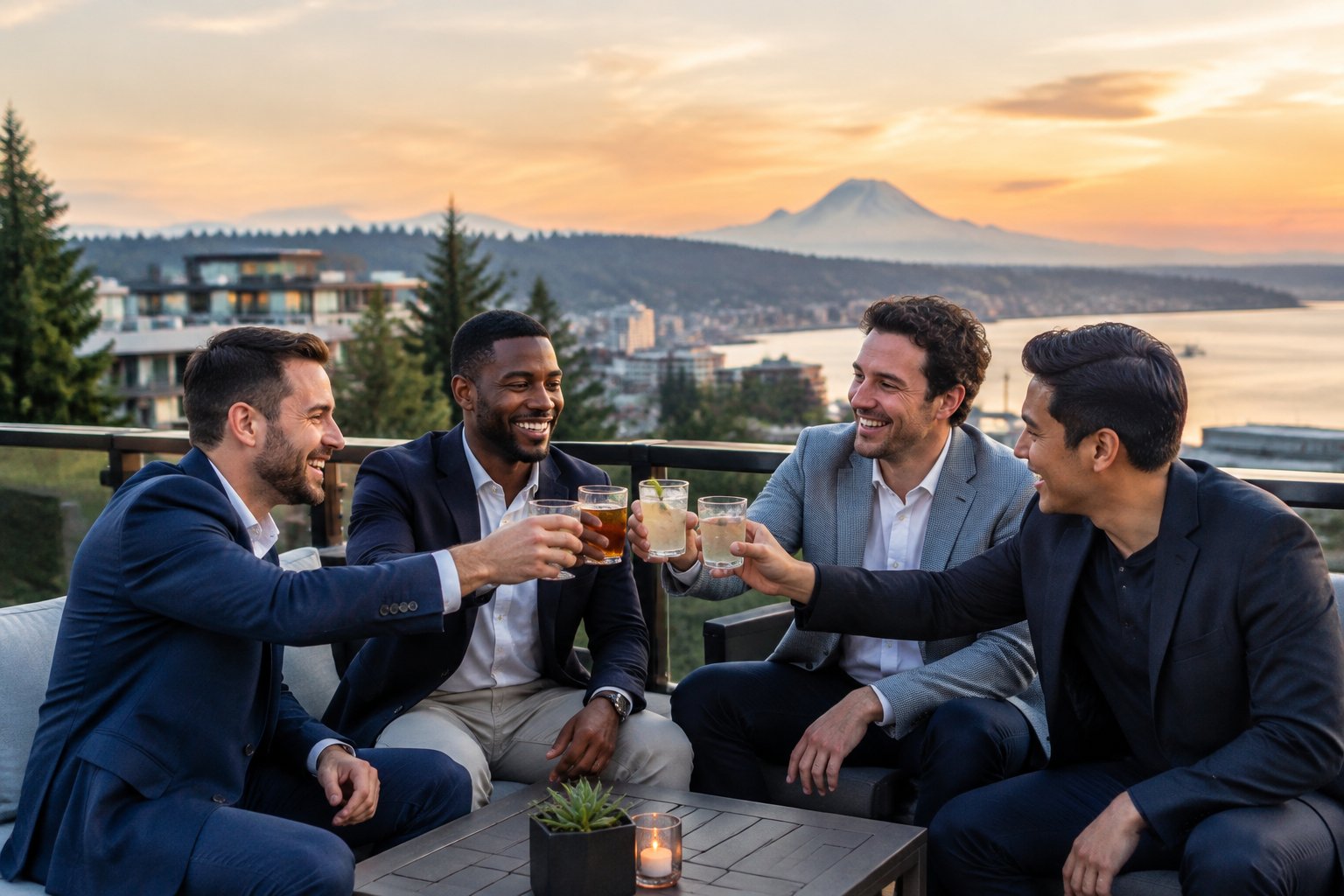 A group of friends celebrating together on a rooftop overlooking a scenic Pacific Northwest cityscape.