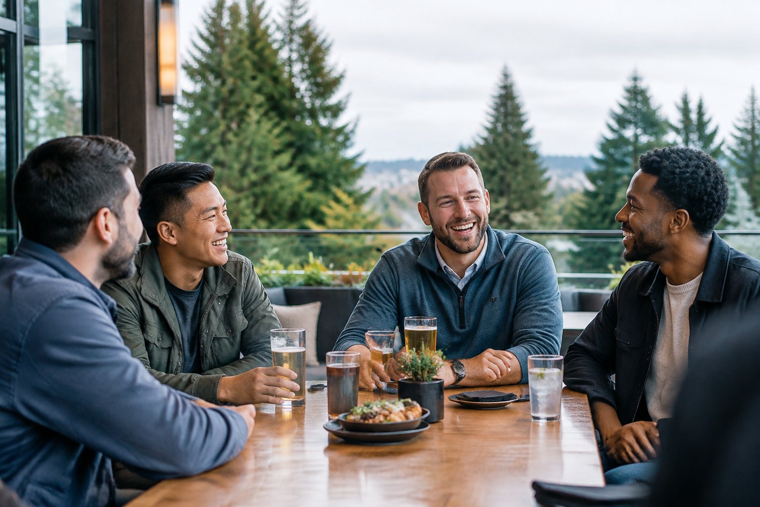 A group of friends enjoying food and drinks together at a lively Lynnwood restaurant.