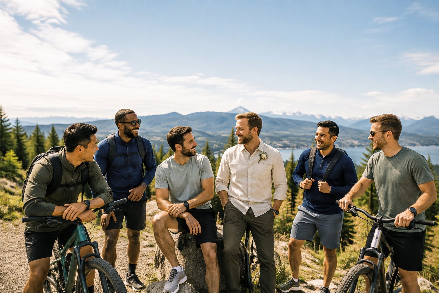 A groom and his friends enjoy a daytime outdoor activity in a scenic Pacific Northwest setting.