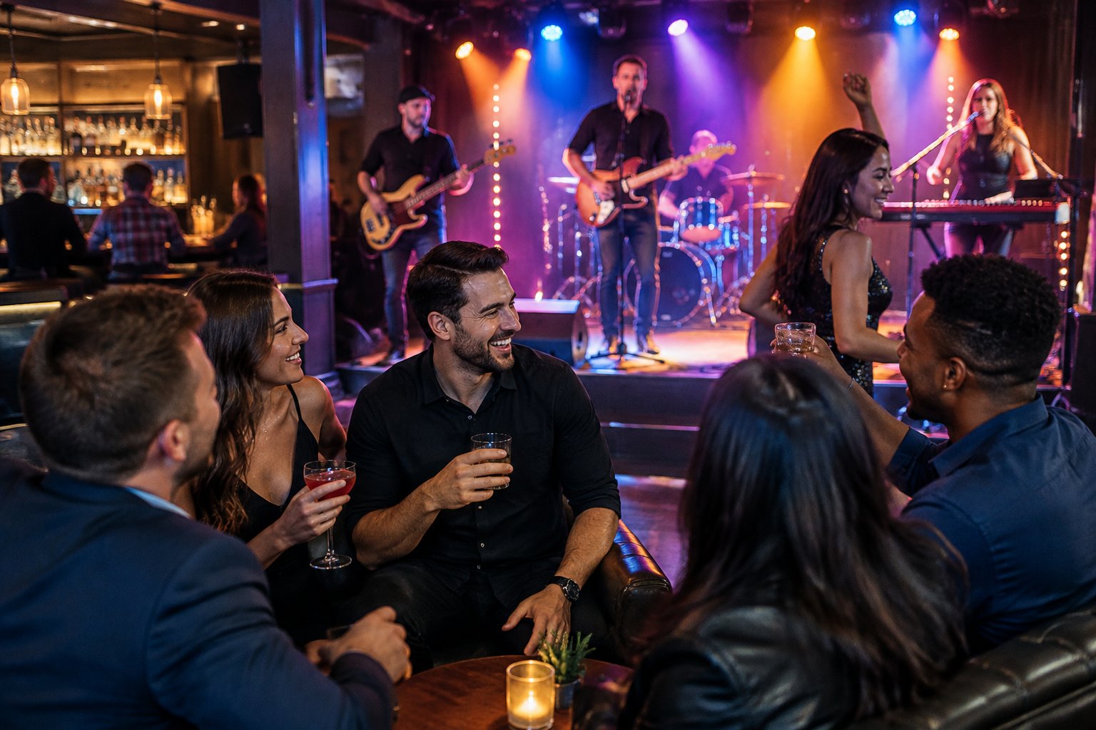 Friends enjoying live music and nightlife at a busy venue.
