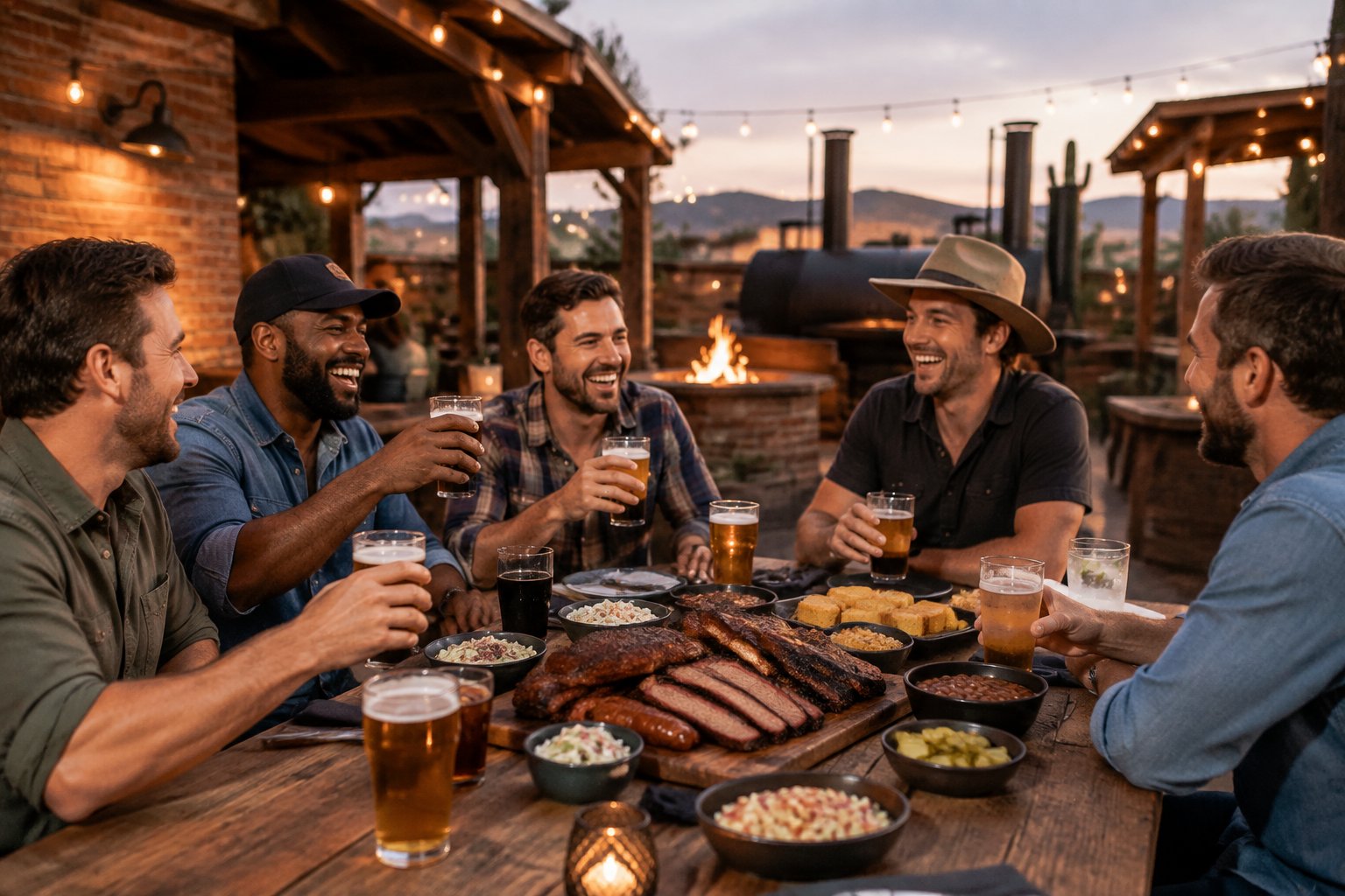 A group of friends celebrates at an outdoor smokehouse table filled with barbecue food and drinks.
