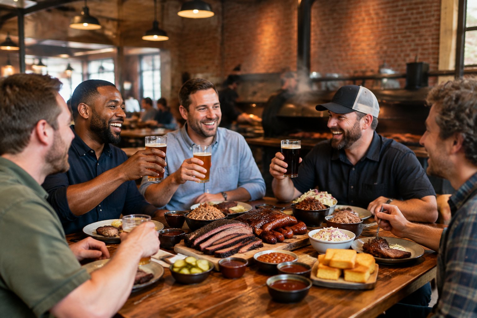 Friends enjoy a barbecue feast together at a lively smokehouse restaurant.