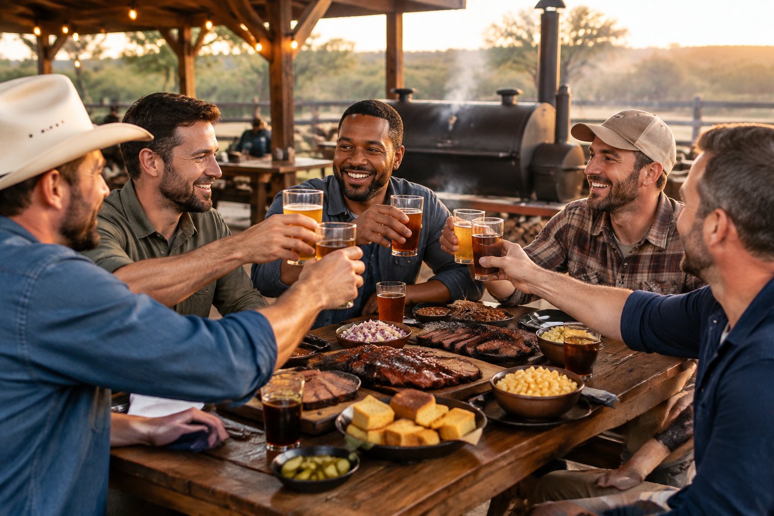 A group of friends enjoys a barbecue meal together at an outdoor smokehouse.