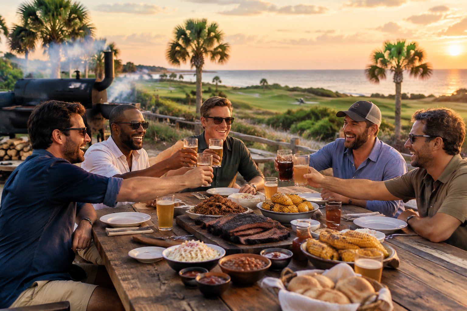 A group of friends enjoying a barbecue meal together at an outdoor smokehouse near a coastal golf destination.