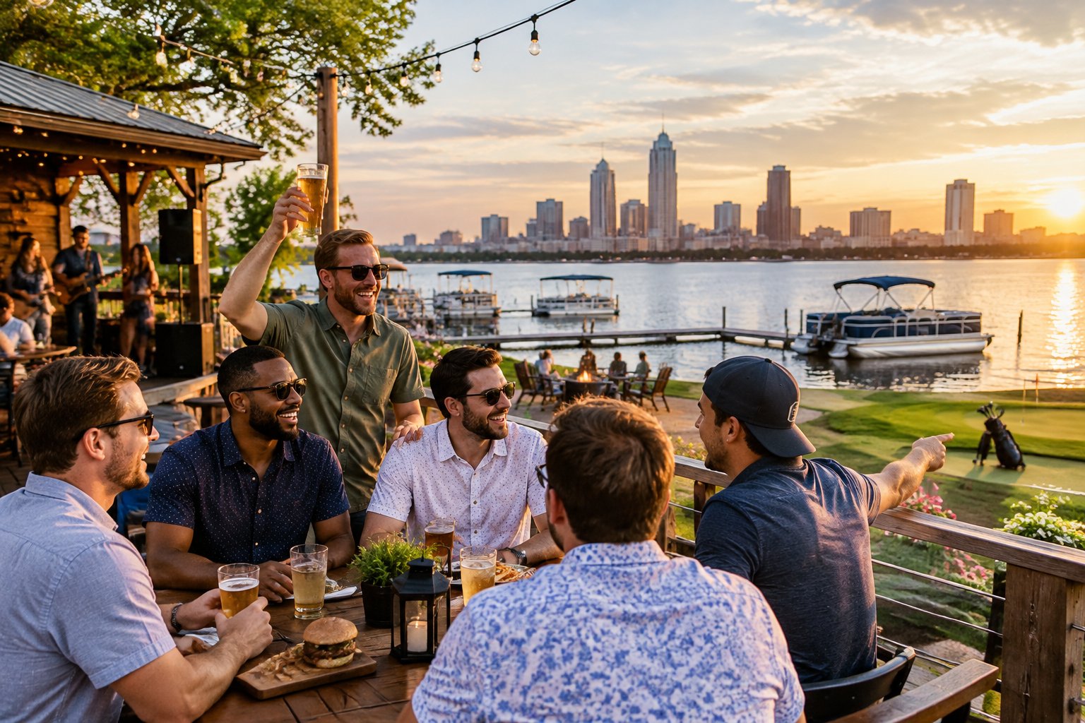 A group of friends celebrates together at a scenic Midwest waterfront destination with a city skyline, patio, and boat dock.