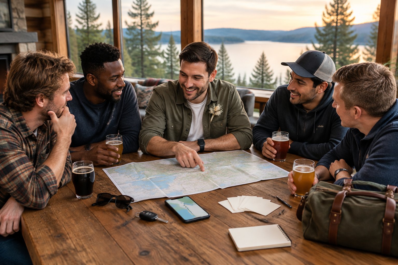 Friends gather in a cabin to plan a Midwest bachelor-party weekend.