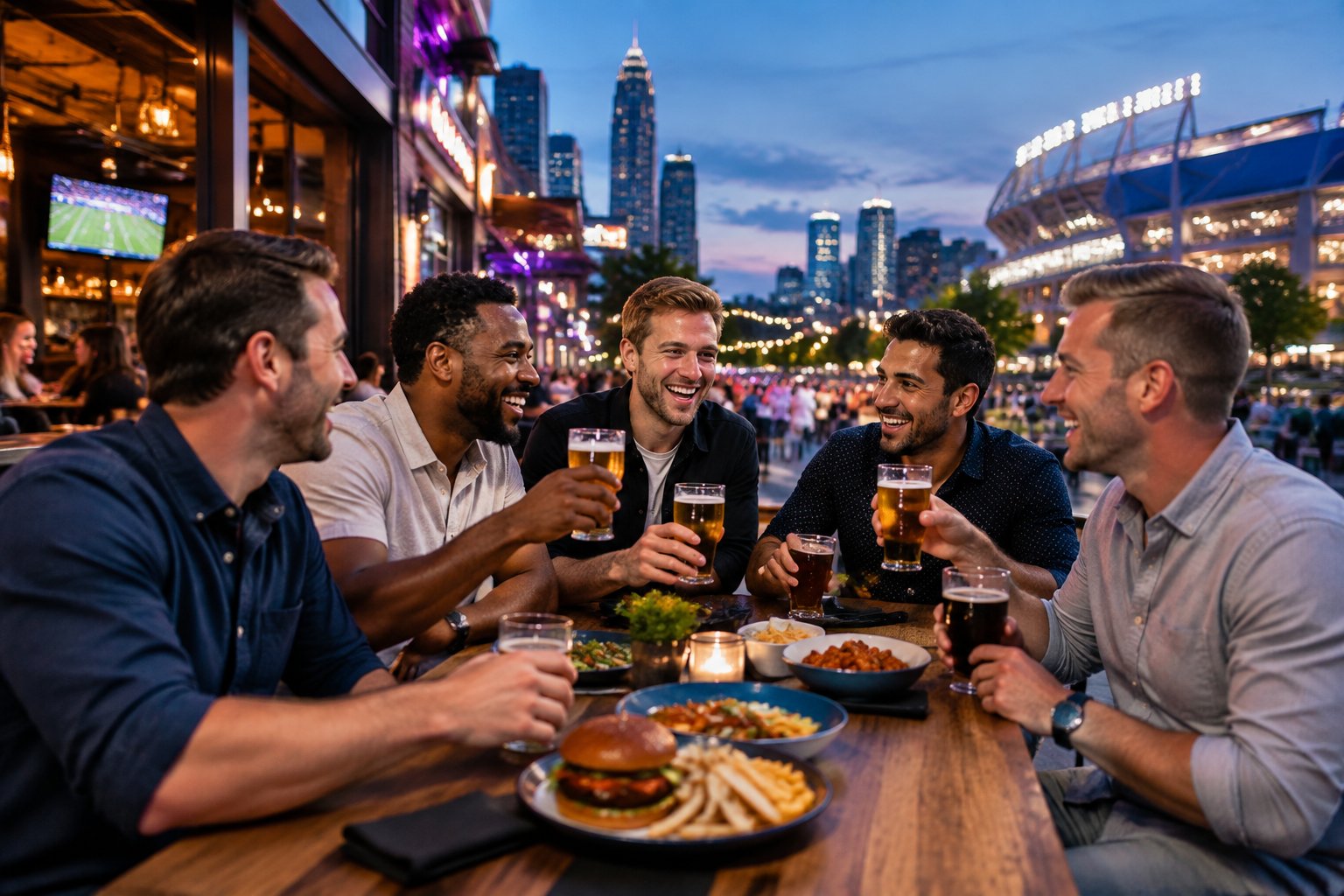 A group of friends enjoys an evening of dining and nightlife near a lively Midwest sports district.