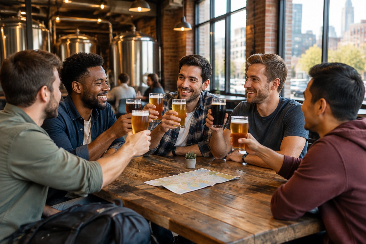 Friends enjoy craft beers together inside a welcoming Midwestern brewery.