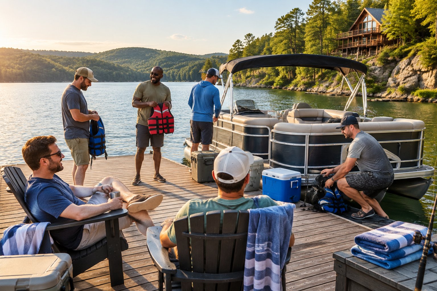 A group of friends enjoying a lakeside bachelor party getaway with a boat and wooded hills in the background.