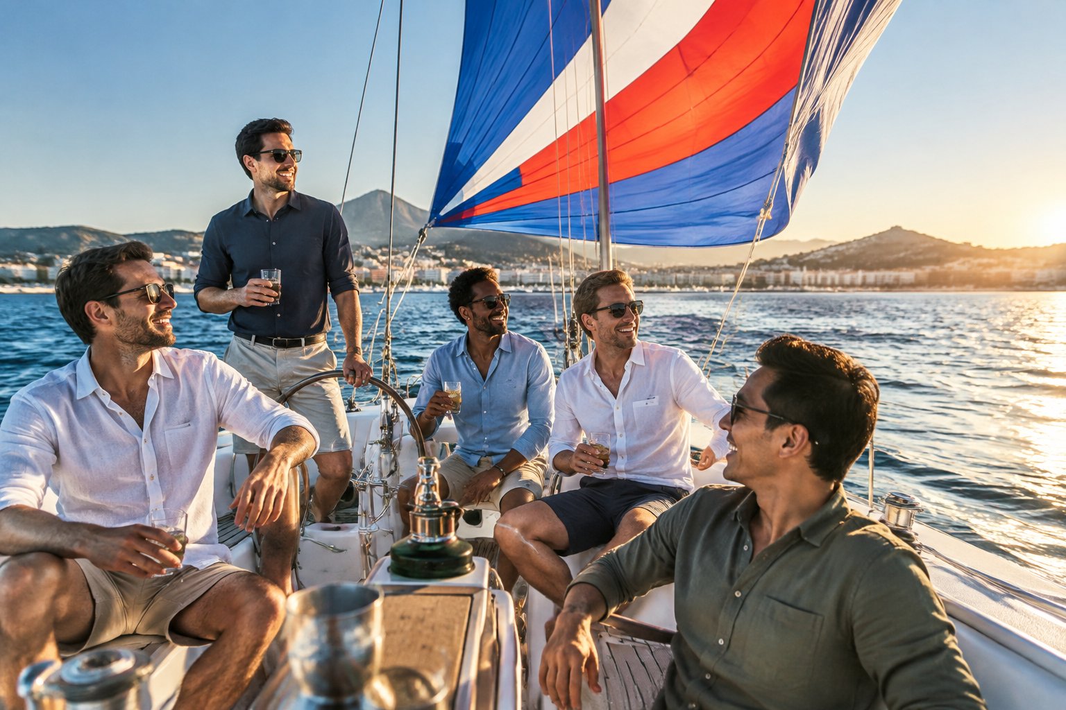 A group of friends enjoys a sailing trip on a boat with a billowing spinnaker sail near a sunny coastline.