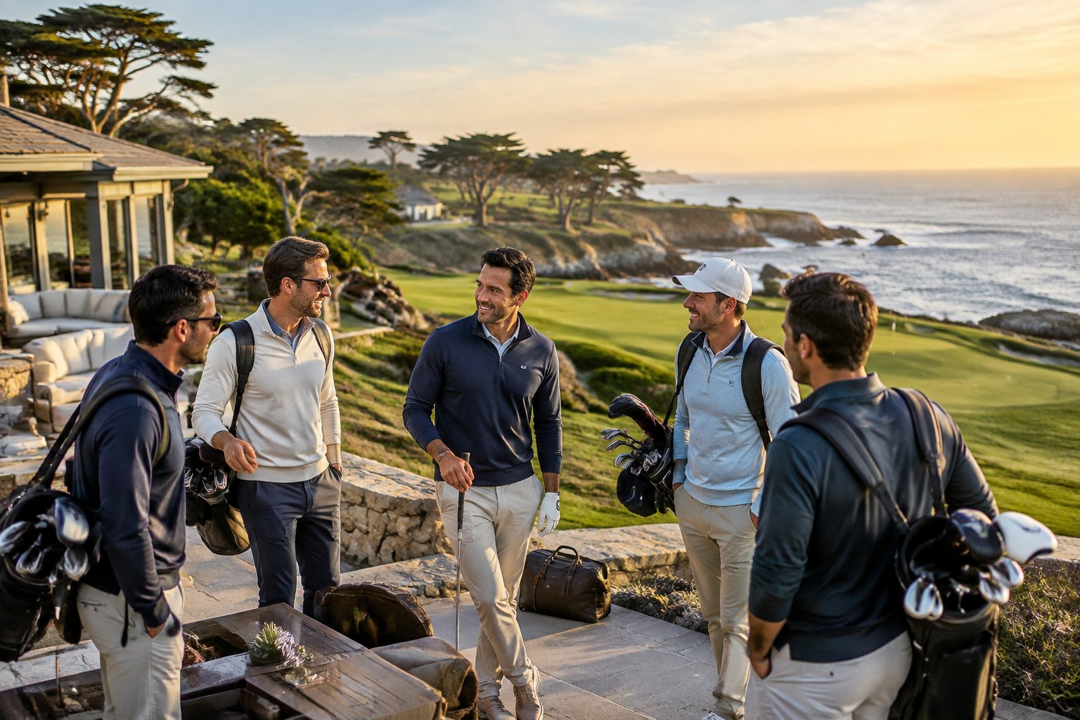 Friends gather beside a coastal golf course overlooking the Pacific Ocean in Pebble Beach.