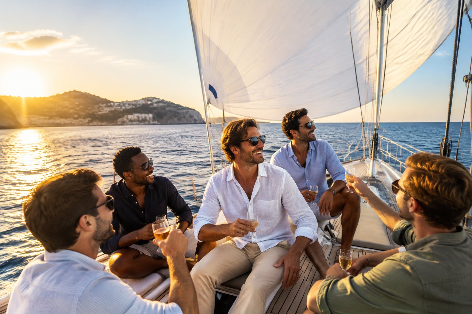 A group of friends celebrates on a sailboat with a white spinnaker sail near a sunny coastline.