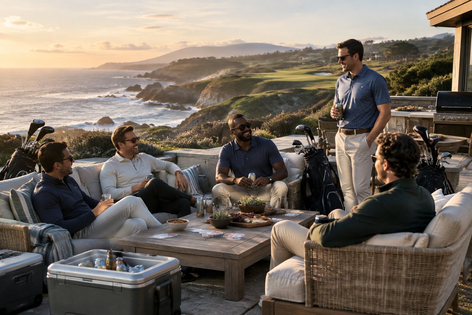 A group of friends relaxes on the patio of a coastal vacation rental with golf equipment and ocean cliffs in the background.