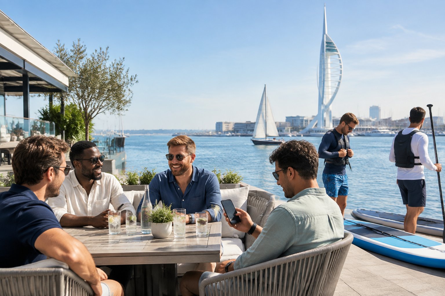 A group of friends relaxes on a waterfront terrace near a sail-shaped coastal landmark while planning outdoor activities.