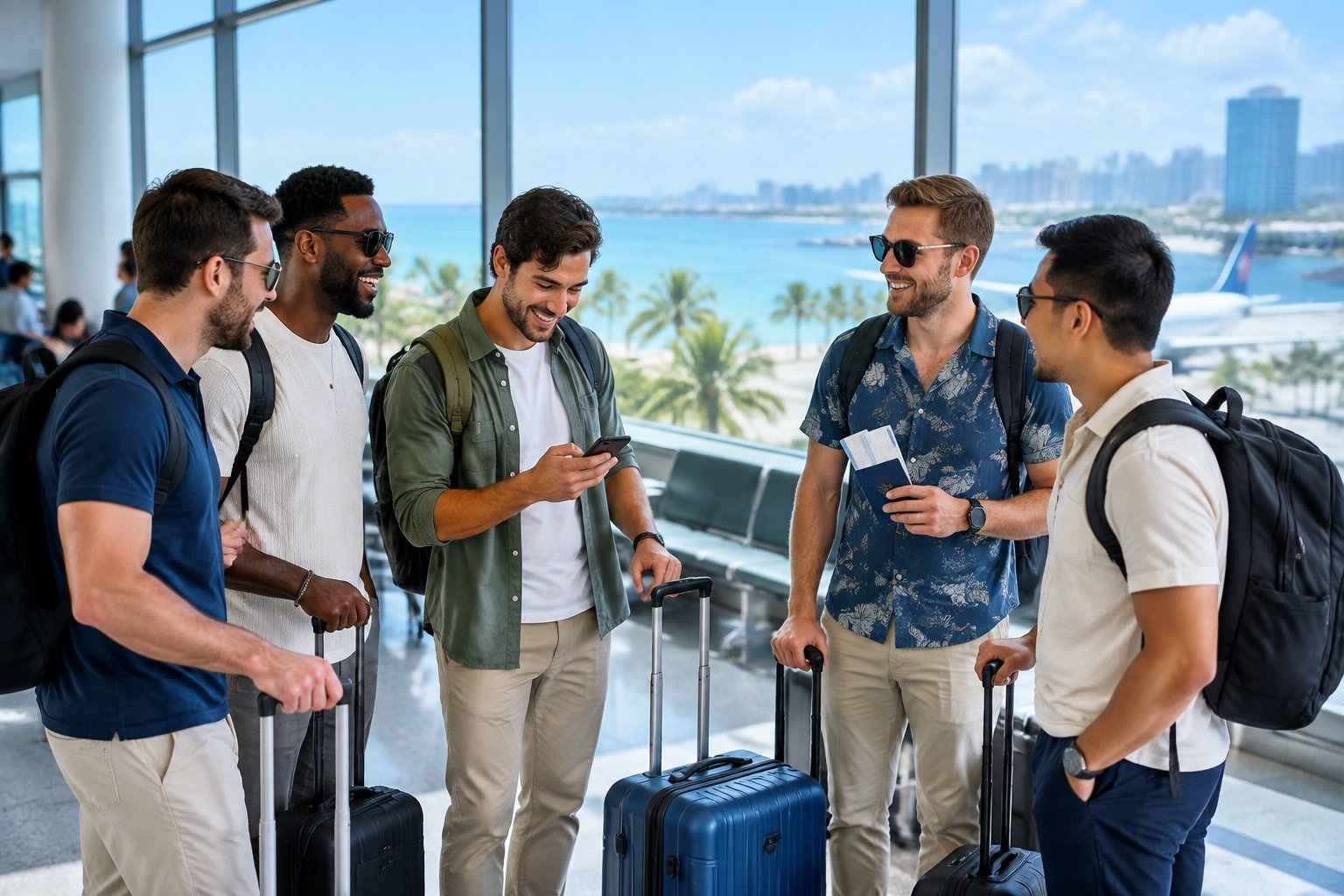 A group of friends with luggage prepare for a sunny coastal getaway inside an airport terminal.