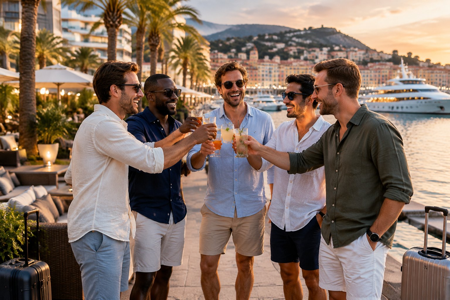 A group of friends celebrating together at a lively seaside destination near a yacht harbor.