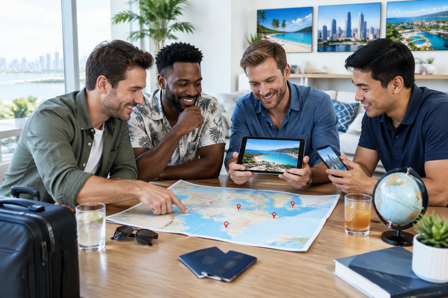 Friends compare travel options and plan a bachelor trip around a table.