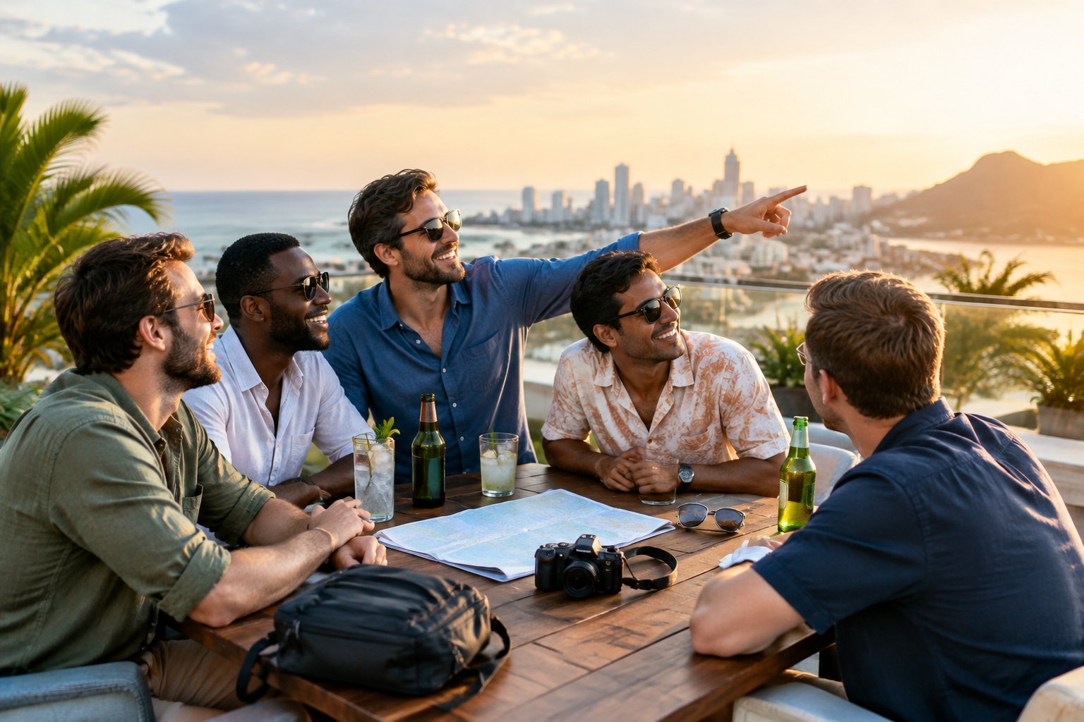 A group of friends celebrating together on a rooftop terrace overlooking a scenic city and coastline.