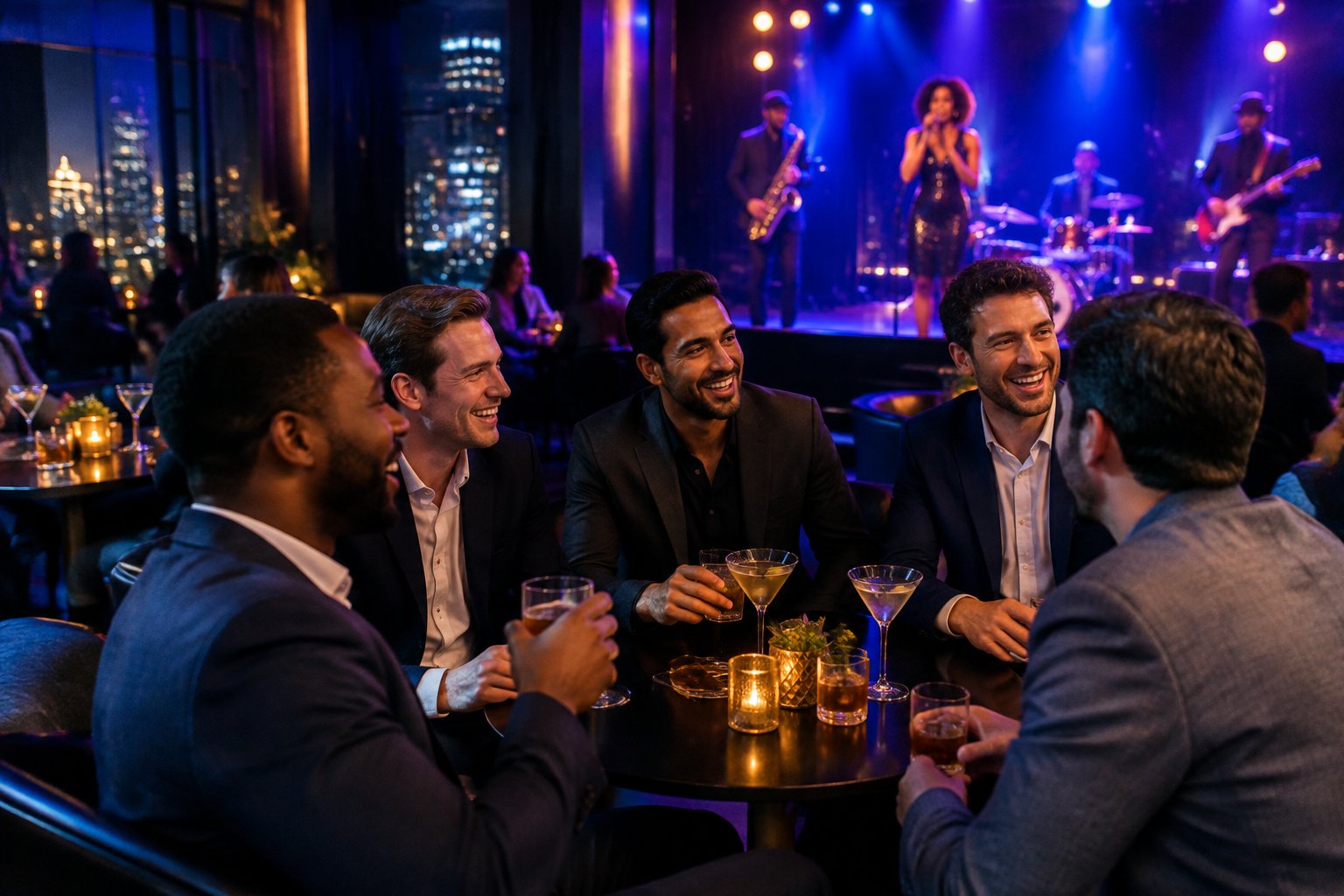 A group of friends enjoying live music and drinks at a lively nightlife venue.