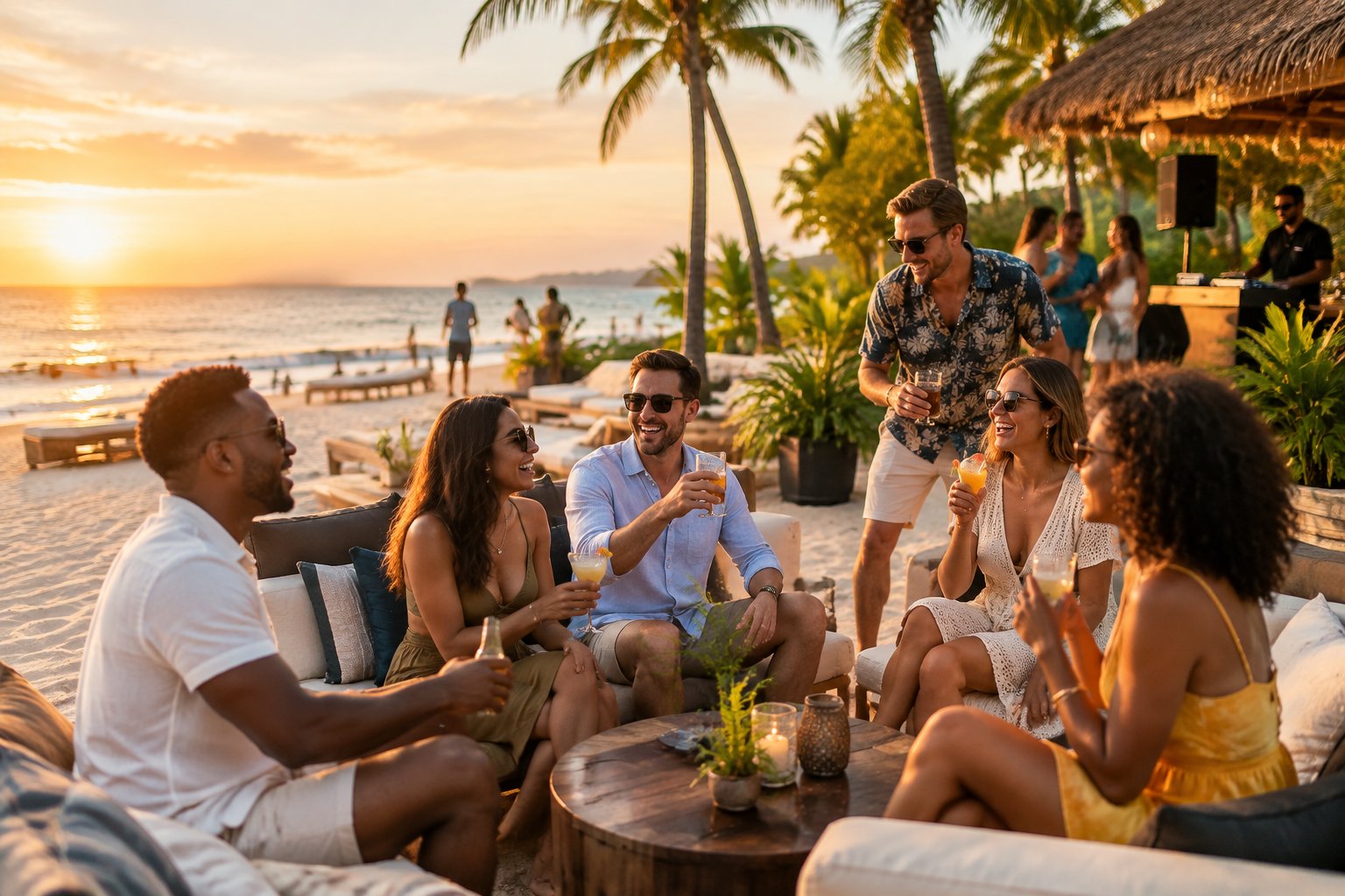 A group of friends celebrates together at a lively beachfront resort during sunset.