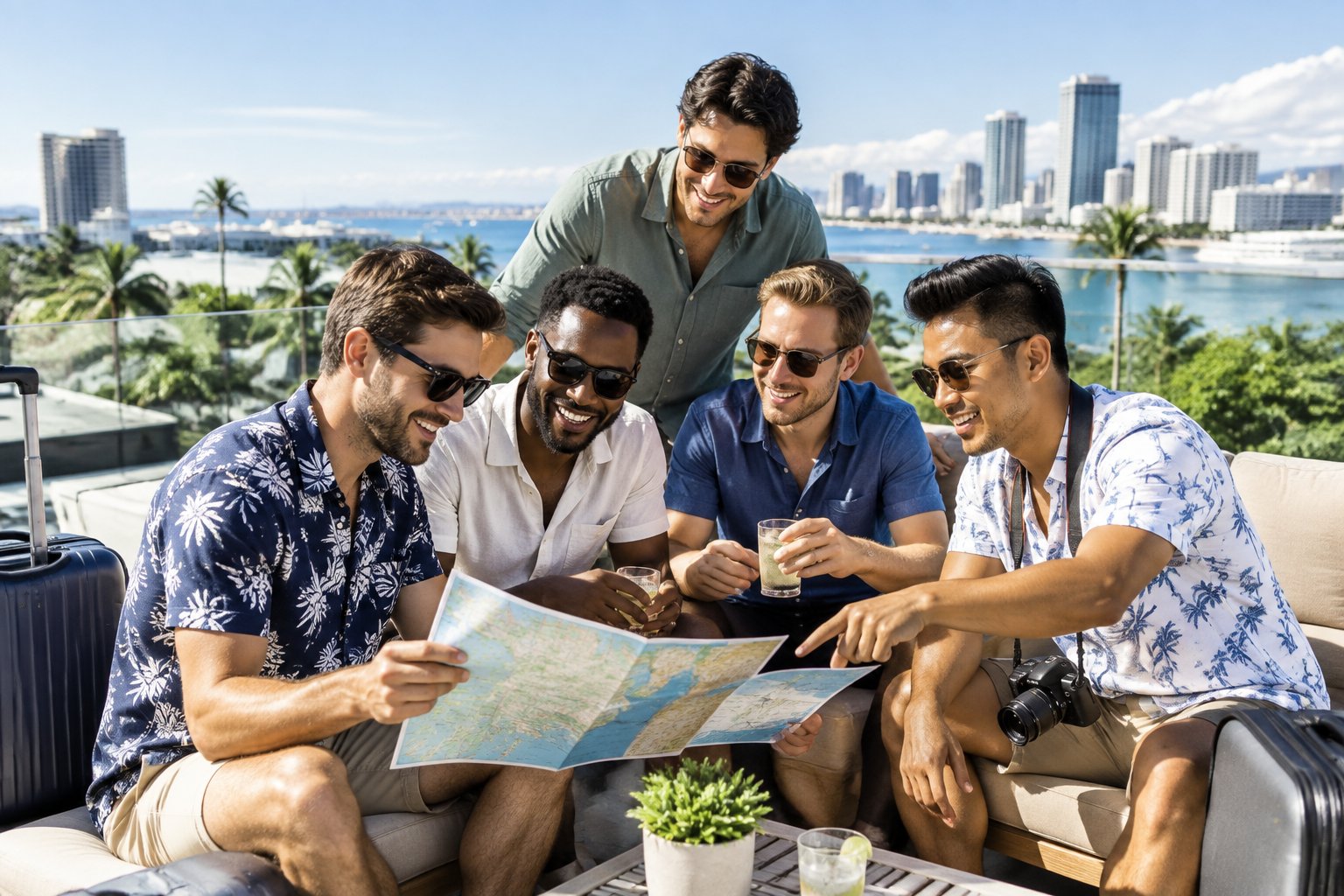 A group of friends celebrating together on a rooftop overlooking a sunny coastal city.