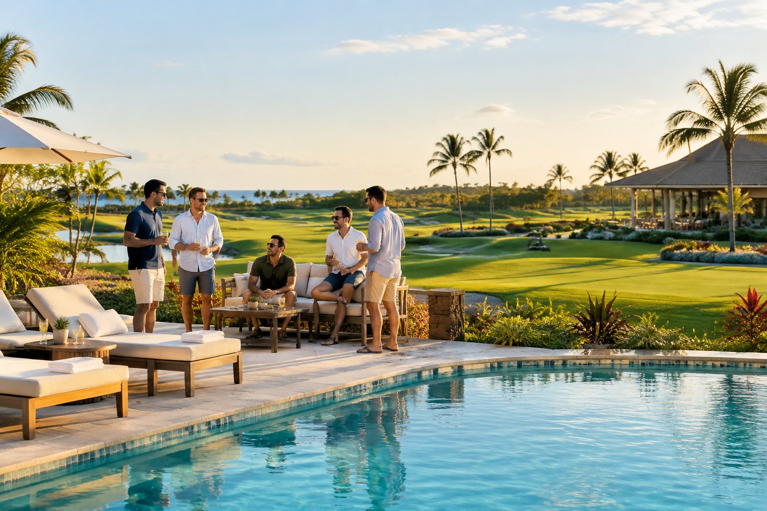 A group of friends relaxes beside a luxury resort pool overlooking a manicured golf course.
