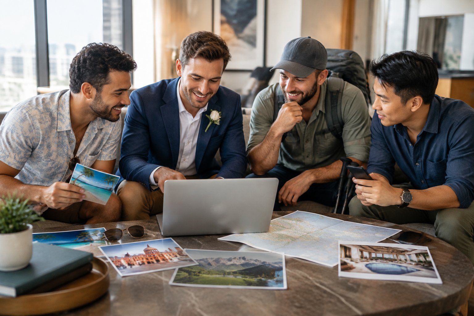Friends gather around travel materials to plan a groom’s bachelor party destinations.