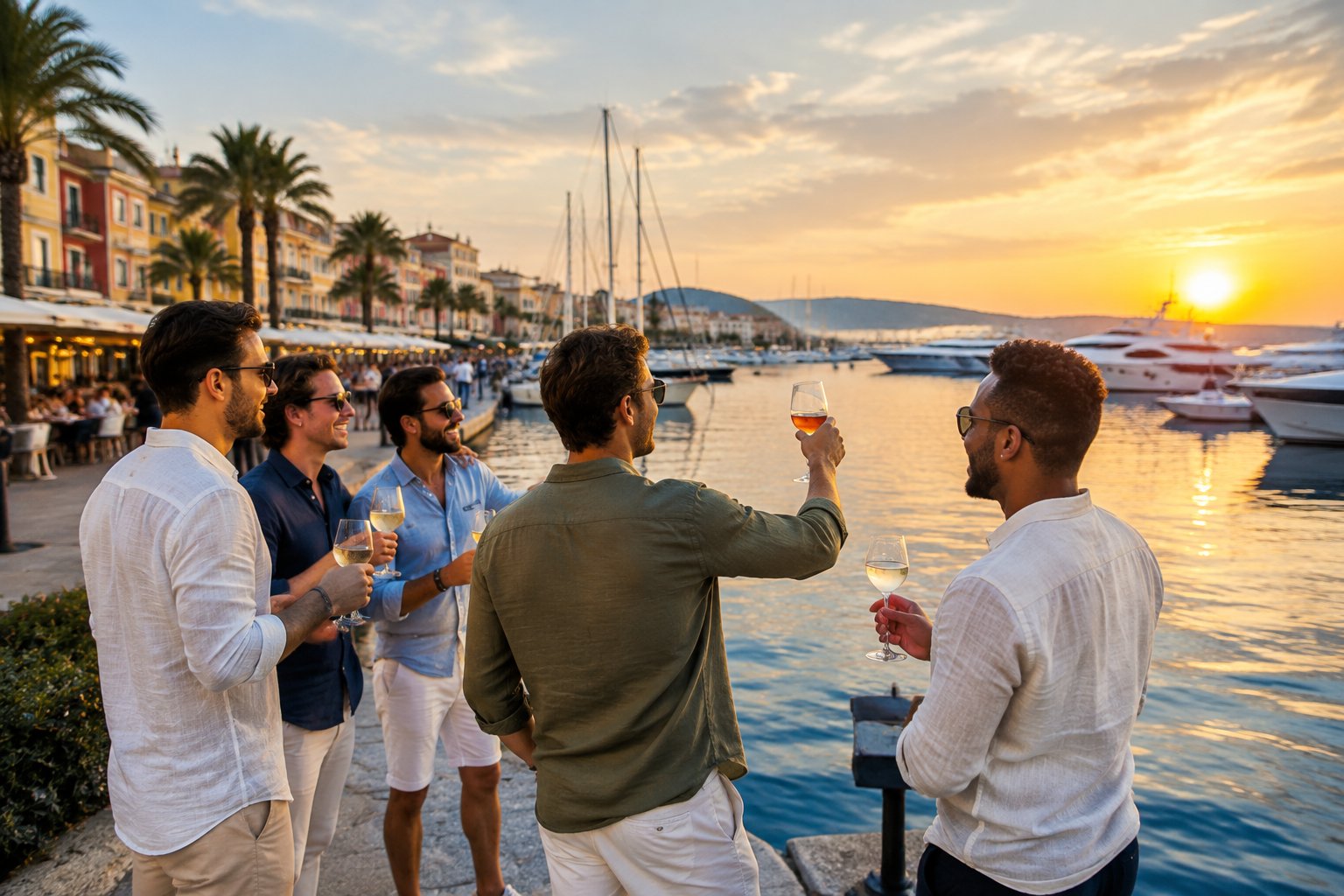 A group of friends celebrates together on a sunny harbor promenade surrounded by yachts and waterfront buildings.